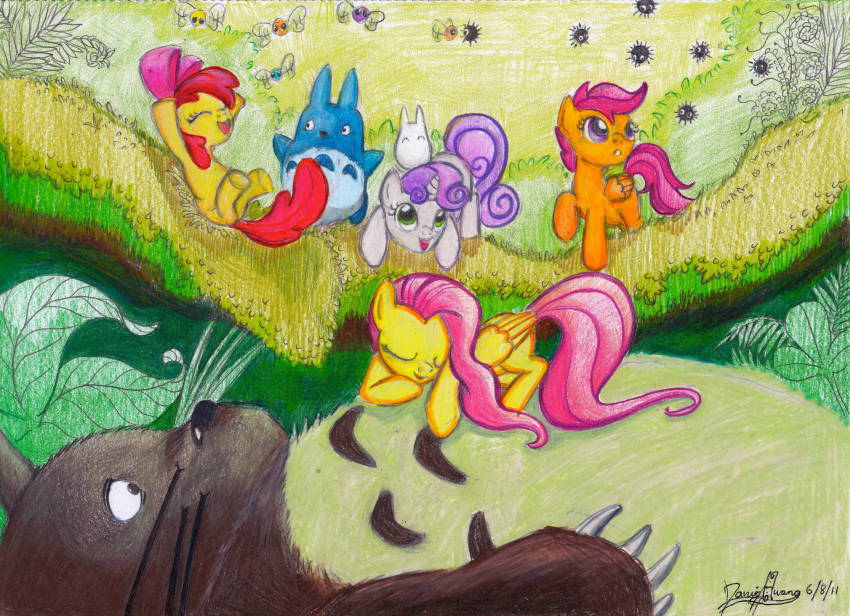 absurd_res apple_bloom_(mlp) crossover cutie_mark_crusaders_(mlp) earth_pony equid equine feathered_wings feathers female feral fluttershy_(mlp) friendship_is_magic ghibli group hasbro hi_res horn horse invalid-david mammal my_little_pony my_neighbor_totoro mythological_creature mythological_equine mythology orange_body orange_feathers parasprite_(mlp) pegasus pony quadruped scootaloo_(mlp) soot_sprite_(ghibli) sweetie_belle_(mlp) tail totoro unicorn wings yellow_body yellow_feathers young young_feral