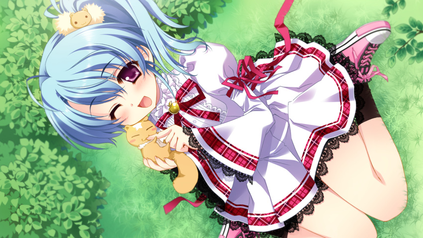 animal blue_hair cube_(artist) game_cg grass kimi_to_boku_to_eden_no_ringo seifuku tagme_(character) wink