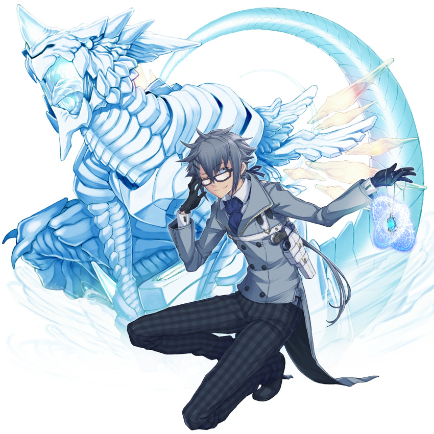 1boy ayaki blue_hair coat commentary_request creature dragon glasses gloves gun handgun highres male_focus one_eye_closed original smile solo weapon