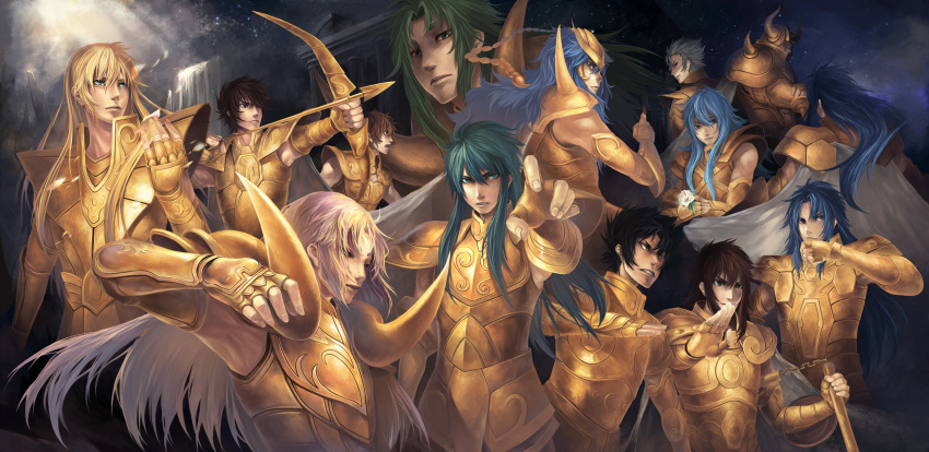 6+boys animal_ears aquarius_camus aries_muu aries_shion armor armpits arrow_(projectile) bad_id bad_pixiv_id black_hair blonde_hair blue_eyes blue_hair bow_(weapon) brown_eyes brown_hair cancer_death_mask capricorn_shura drawing_bow flower full_armor gauntlets gemini_kanon gemini_saga gold_armor gold_saint green_eyes green_hair hair_ornament highres holding holding_bow_(weapon) holding_weapon horns leo_aiolia libra_douko long_hair male_focus multiple_boys onisakiyoruka open_mouth pauldrons photoshop_(medium) pisces_aphrodite sagittarius_aioros saint_seiya scorpio_milo shoulder_armor taurus_aldebaran virgo_shaka weapon