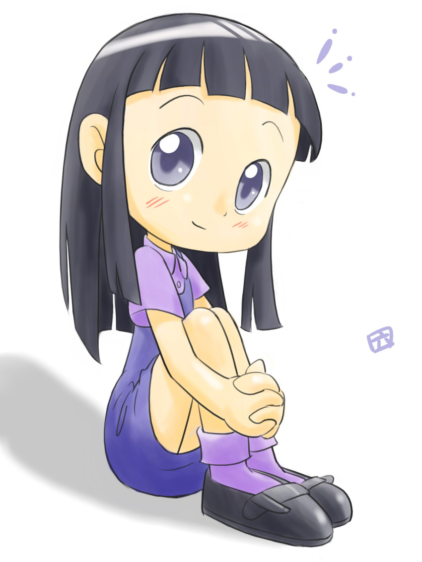 bangs black_hair blue_eyes dress female full_body highres koizumi_marina lolicon ojamajo_doremi sitting solo white_background