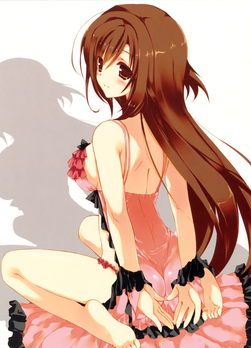 absurdres arms_behind_back ass back bad_link barefoot blush breasts brown_eyes brown_hair deliverer! feet female frills highres large_breasts lingerie long_hair looking_back negligee sideboob sitting smile solo takanae_kyourin underwear wariza yufu_asuka