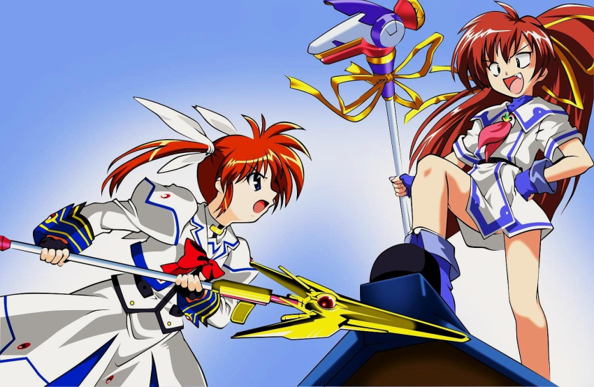 2girls aoi_umi_no_tristia brown_hair crossover dark_persona fingerless_gloves gloves hair_ribbon long_hair lyrical_nanoha magical_girl mahou_shoujo_lyrical_nanoha multiple_girls nanoca_flanka oerba_yun_fang open_mouth ponytail red_hair ribbon takamachi_nanoha tristia_doki!_doki!_operation twintails