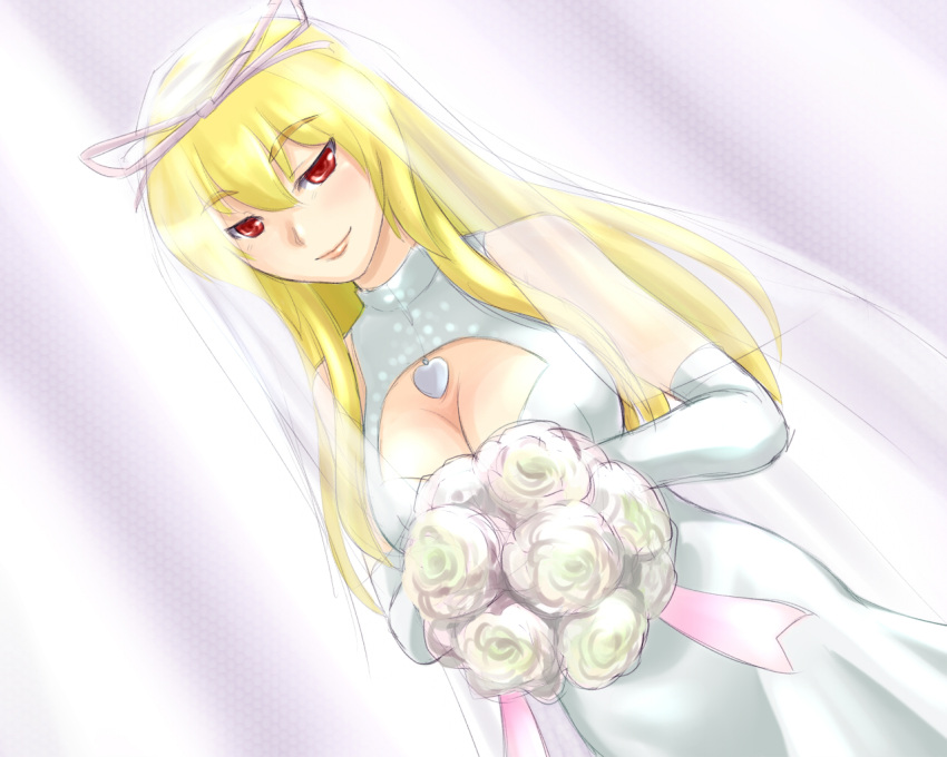 adder blonde_hair bouquet breasts cleavage cleavage_cutout clothing_cutout commentary_request dress dutch_angle elbow_gloves eyebrows female flower gloves holding large_breasts pale_color red_eyes rose smile solo touhou veil wedding wedding_dress white_background white_flower white_gloves white_rose white_theme yakumo_yukari