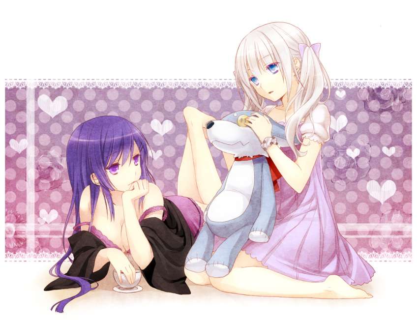 2girls barefoot blue_eyes bra commentary_request cup kneeling kuu_(0427) lingerie lying multiple_girls original purple_eyes purple_hair silver_hair stuffed_animal stuffed_toy twintails underwear