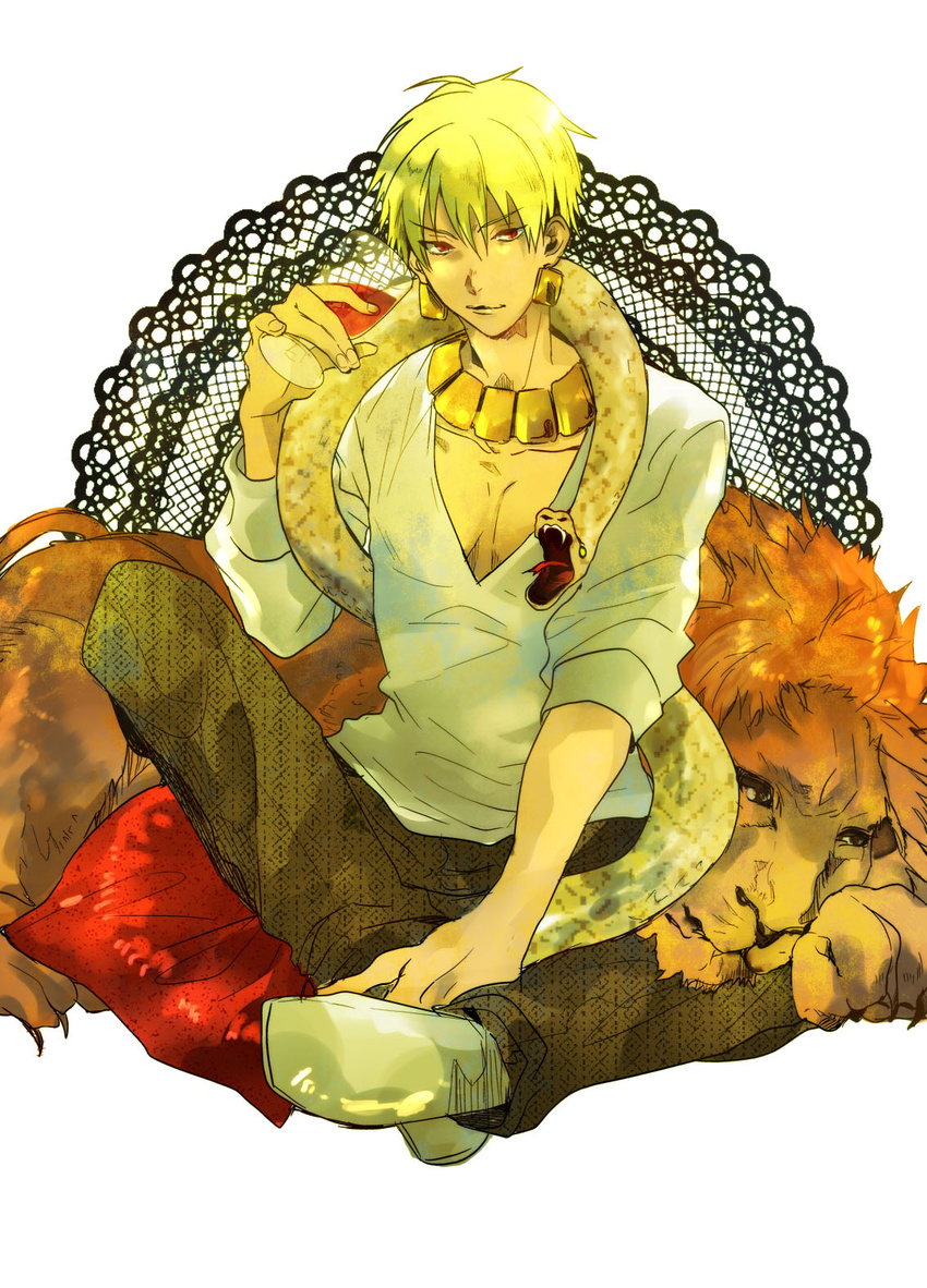 1boy alcohol animal azuazuazu19 blonde_hair casual commentary_request cup drinking_glass earrings fate/stay_night fate/zero fate_(series) gilgamesh_(fate) highres jewelry lion male_focus official_alternate_costume photoshop_(medium) red_eyes short_hair sitting smile snake solo wine wine_glass