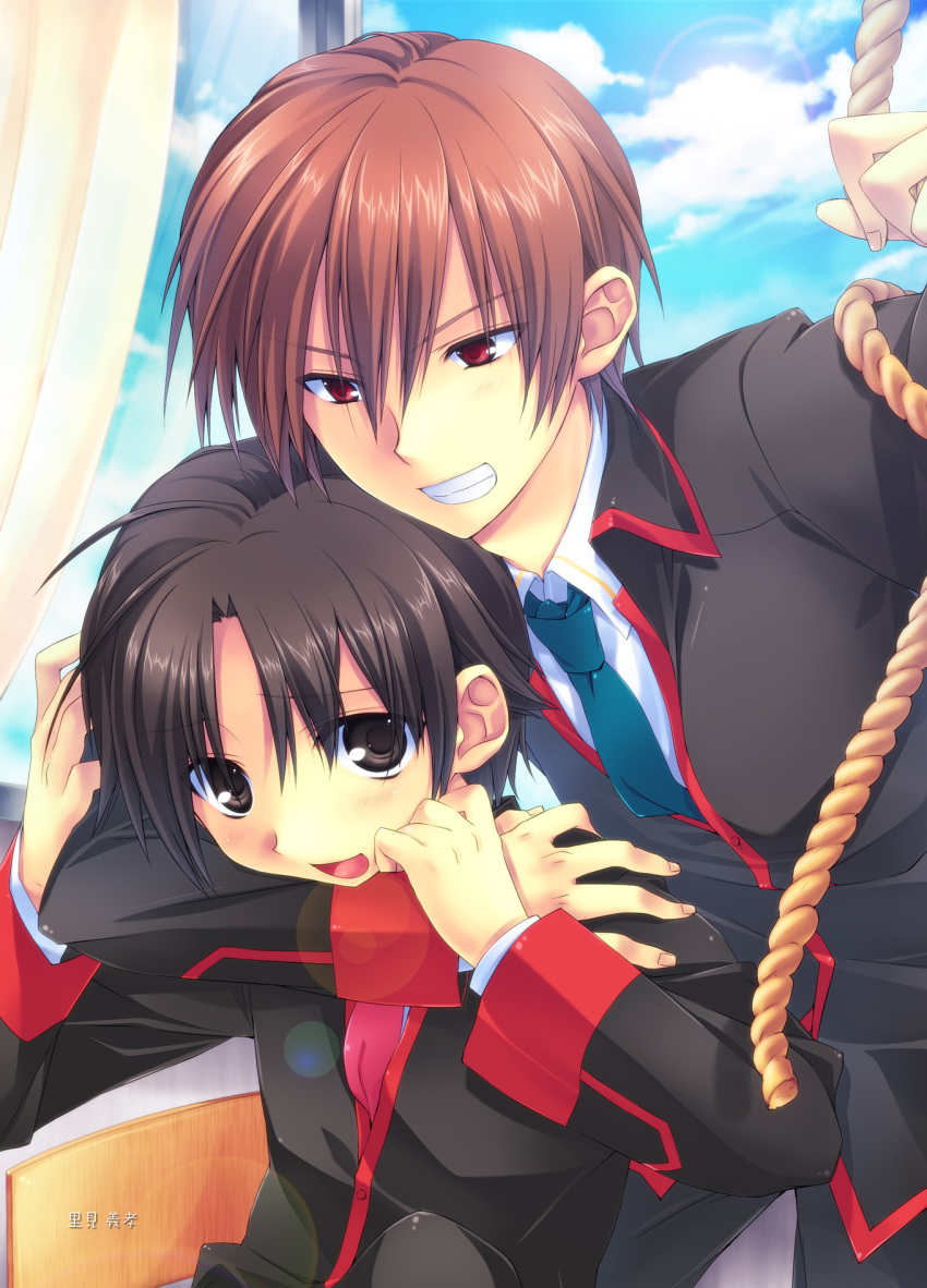 2boys arm_around_neck bad_id bad_pixiv_id brown_eyes brown_hair commentary_request grin highres little_busters! multiple_boys naoe_riki natsume_kyousuke necktie one_eye_closed open_mouth red_eyes satomi_yoshitaka school_uniform short_hair smile