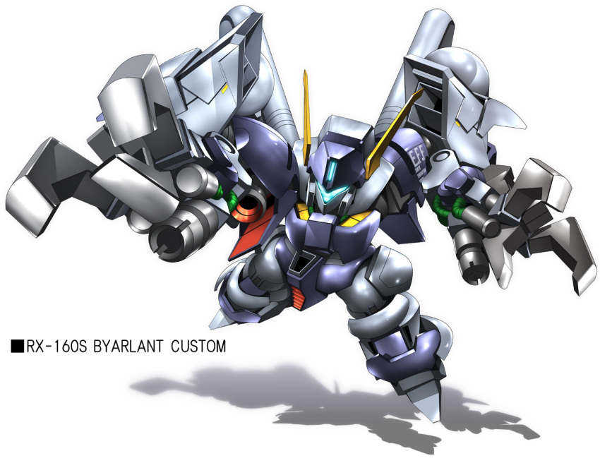 assault_visor blue_visor byalant_custom character_name chibi claws commentary_request earth_federation floating foreshortening gundam gundam_unicorn mecha mecha_focus no_humans outstretched_arm painttool_sai_(medium) robot science_fiction shadow simple_background solo text_focus zb_(dawn-blue)