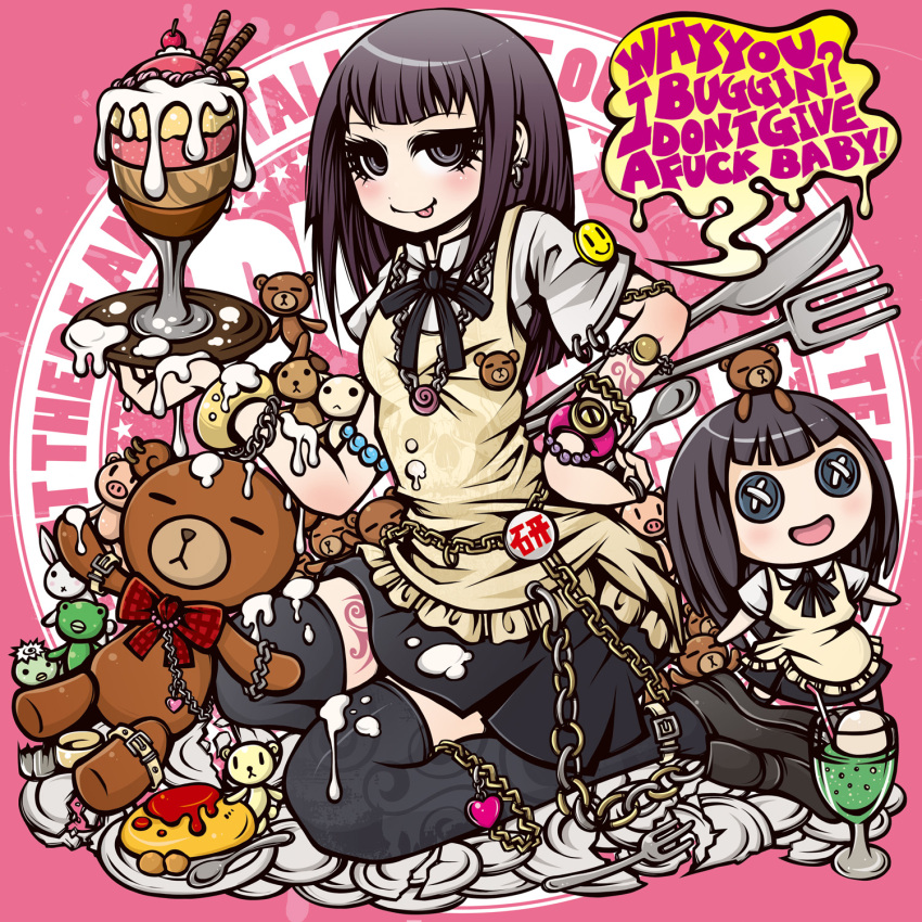 :p black_eyes black_hair bracelet character_doll commentary_request daisy_(working!!) decora earrings english_text engrish_text female fork highres jewelry knife parfait photoshop_(medium) plate profanity project.c.k. ranguage sitting skirt solo stuffed_animal stuffed_toy tattoo teddy_bear thighhighs tongue tongue_out tray uniform working!! yamada_aoi zettai_ryouiki