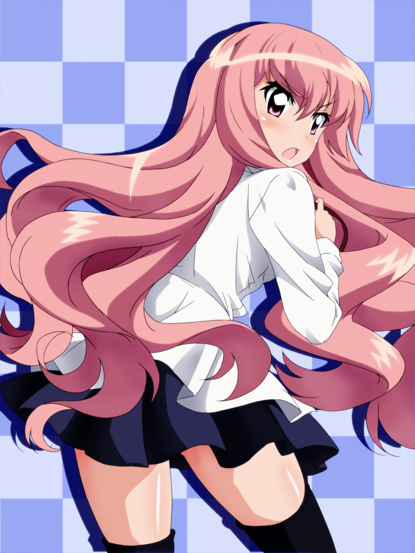 black_skirt black_thighhighs blue_background blush checkered_background commentary_request cowboy_shot drop_shadow female flipped_hair from_behind hair_between_eyes hand_up highres long_hair long_sleeves looking_back looking_to_the_side louise_francoise_le_blanc_de_la_valliere open_mouth pink_eyes pink_hair pleated_skirt shirt sidelocks skirt solo tappa_(esperanza) thighhighs v-shaped_eyebrows very_long_hair white_shirt zero_no_tsukaima zettai_ryouiki