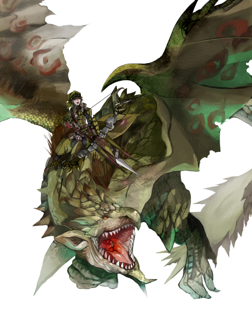 1boy armor arrow_(projectile) bow_(weapon) commentary_request hat hebi_(yurari) highres male_focus monster monster_hunter_(character) monster_hunter_(series) open_mouth rathian rathian_(armor) sharp_teeth spikes tail teeth weapon wings