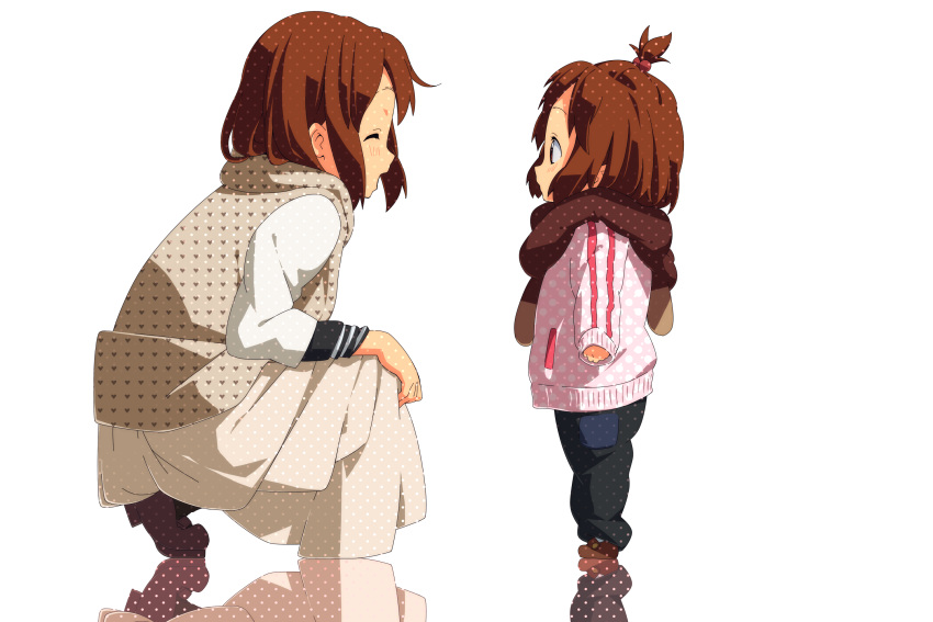 2girls aged_down bad_id bad_pixiv_id brown_eyes brown_hair closed_eyes dual_persona high_ponytail highres hirasawa_yui k-on! lolicon long_sleeves medium_hair minakami_kanami multiple_girls open_mouth polka_dot reflection scarf smile squatting standing time_paradox white_background winter_clothes