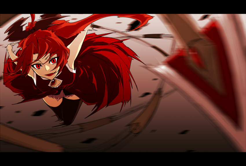 anime_coloring black_thighhighs commentary_request ex_hien female highres letterboxed long_hair mahou_shoujo_madoka_magica mahou_shoujo_madoka_magica_(anime) motion_blur oerba_yun_fang polearm red_eyes red_hair sakura_kyoko sakura_kyoko_(magical_girl) solo spear thighhighs weapon