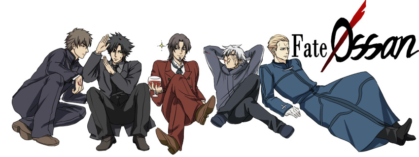 5boys alcohol bad_id bad_pixiv_id black_hair blonde_hair brown_hair chop command_spell commentary_request cross emiya_kiritsugu facial_hair fate/zero fate_(series) goatee kayneth_el-melloi_archibald kotomine_kirei male_focus matou_kariya multiple_boys natsu_yasai sparkle spitting spitting_blood tohsaka_tokiomi white_background white_hair wine worm