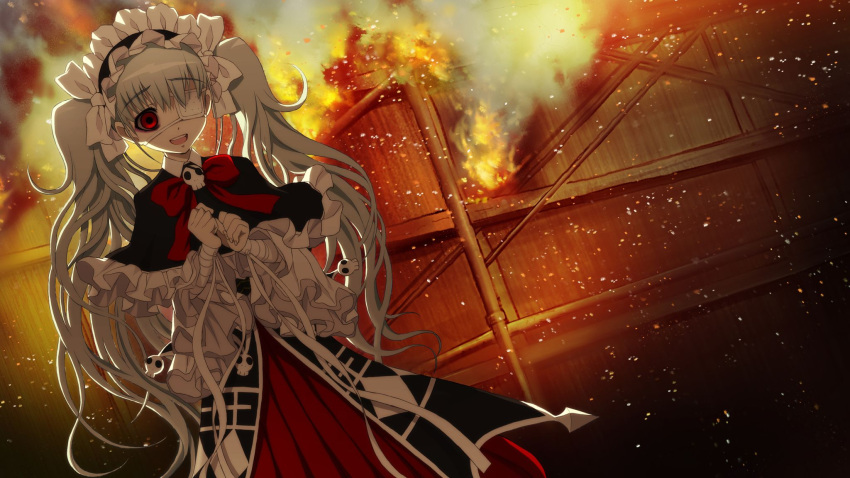 axanael dress eyepatch fire game_cg gothic gray_hair jpeg_artifacts nitroplus nooko red_eyes tsuji_santa twintails white_hair