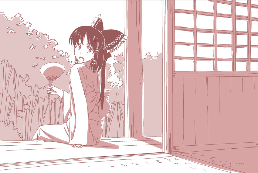 alternate_costume bad_id bad_pixiv_id bow female hair_tubes hairbow hakurei_reimu hand_fan highres ikuya_koimori japanese_clothes kimono looking_back monochrome obi open_mouth paper_fan red_theme sash sitting solo touhou tree uchiwa veranda