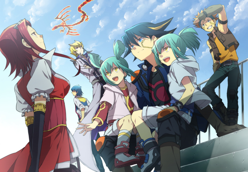 2girls 5boys abaraya black_hair blonde_hair blue_eyes bruno_(yu-gi-oh!) commentary_request crimson_dragon crow_hogan duel_monster everyone fudo_yusei green_hair izayoi_aki jack_atlas lua_(yu-gi-oh!) luca_(yu-gi-oh!) multicolored_hair multiple_boys multiple_girls orange_hair photoshop_(medium) ponytail red_hair short_hair short_twintails siblings twins twintails yellow_eyes yu-gi-oh! yu-gi-oh!_5d's