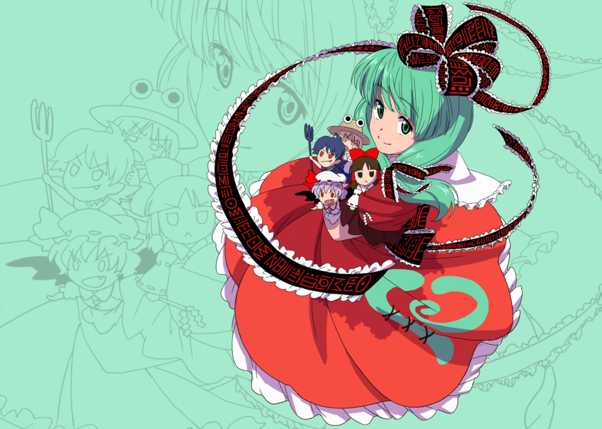 :< bad_id bad_pixiv_id bow character_doll dress female from_above green_eyes green_hair hair_ribbon hairbow hakurei_reimu highres houjuu_nue hugging_doll hugging_object ikuya_koimori kagiyama_hina moriya_suwako oerba_yun_fang remilia_scarlet ribbon smile solo touhou zoom_layer