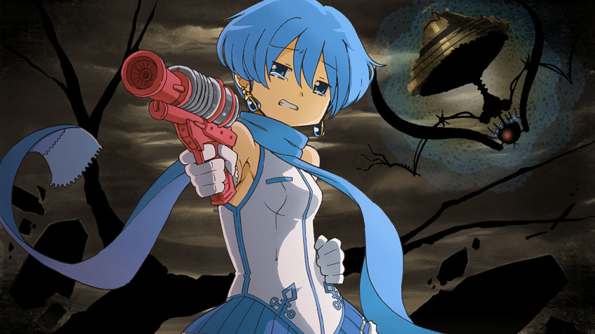 blue_scarf ca_(maeda_koutarou) calne_ca_(deino) commentary_request daigoman earrings female genderswap_(mtf) gloves jewelry kaiko kaito_(vocaloid) mahou_shoujo_madoka_magica mahou_shoujo_madoka_magica_(anime) parody photoshop_(medium) rule_63 scarf tears vocaloid walpurgisnacht_(madoka_magica) water_gun weapon white_gloves