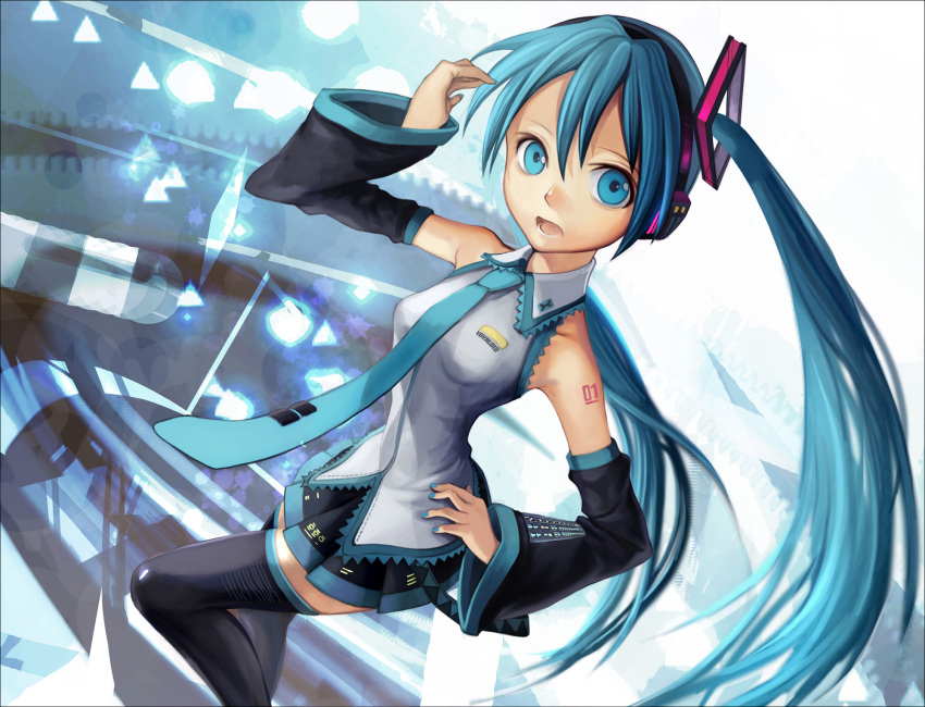 aqua_eyes aqua_hair detached_sleeves female hatsune_miku headphones highres kari_kenji long_hair necktie open_mouth photoshop_(medium) skirt smile solo thighhighs twintails very_long_hair vocaloid zettai_ryouiki