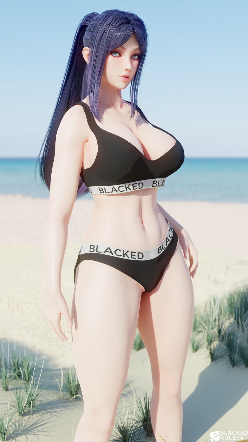 1girls 3d abs areola areola_slip areolae_peeking beach big_breasts blacked blacked_clothing blackedr34 blender blue_eyes female female_only fit fit_female hi_res irelia_xan large_breasts league_of_legends light-skinned_female looking_at_viewer outdoors outside ponytail purple_hair slim_waist solo solo_female sports_bra underwear underwear_only