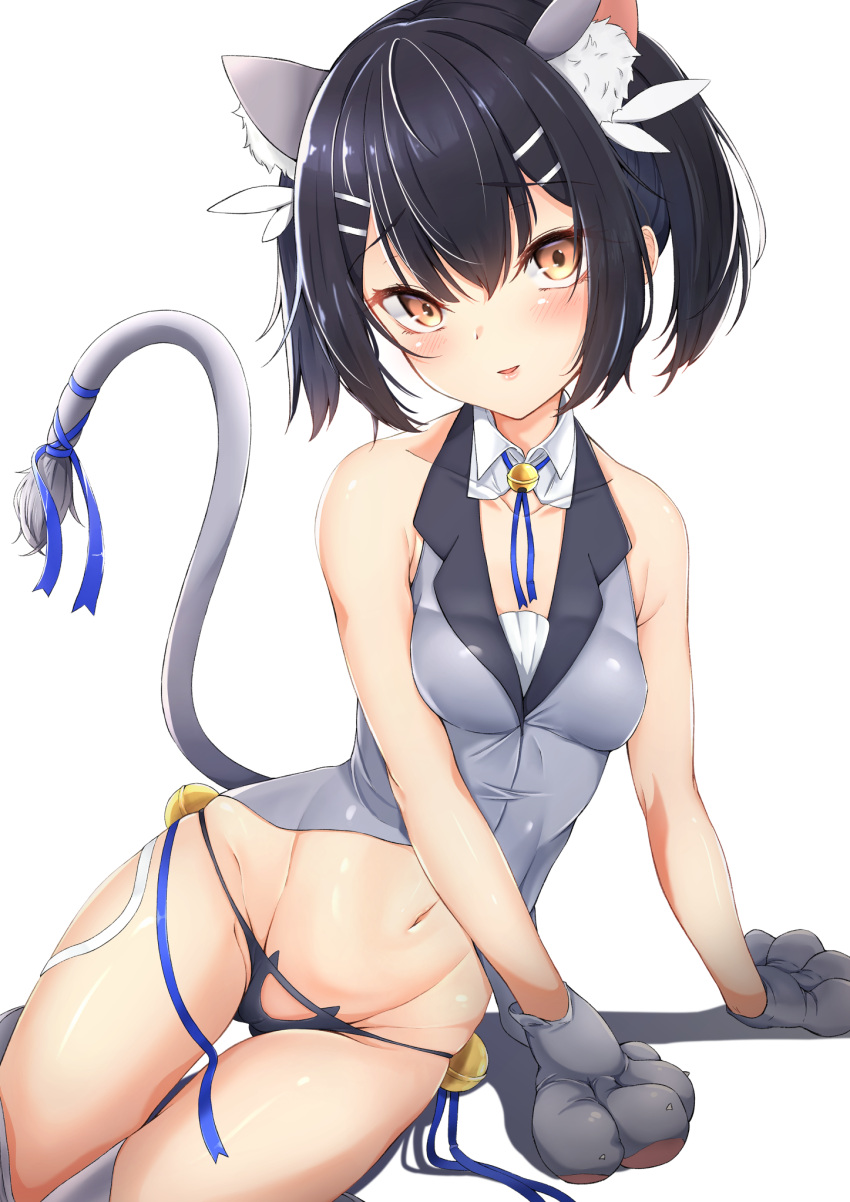 animal_ear_fluff animal_ears animal_hands bare_shoulders bell black_hair black_panties blue_ribbon blush breasts brown_eyes cat_ears cat_tail fake_animal_ears fate/kaleid_liner_prisma_illya fate_(series) feather_hair_ornament feathers female gloves grey_gloves grey_thighhighs grey_vest hair_ornament hairclip highres jingle_bell long_hair looking_at_viewer miyu_edelfelt miyu_edelfelt_(beast_style) navel neck_ribbon panties paw_gloves ribbon sashimi_nasu small_breasts solo tail thighhighs thighs twintails underwear vest