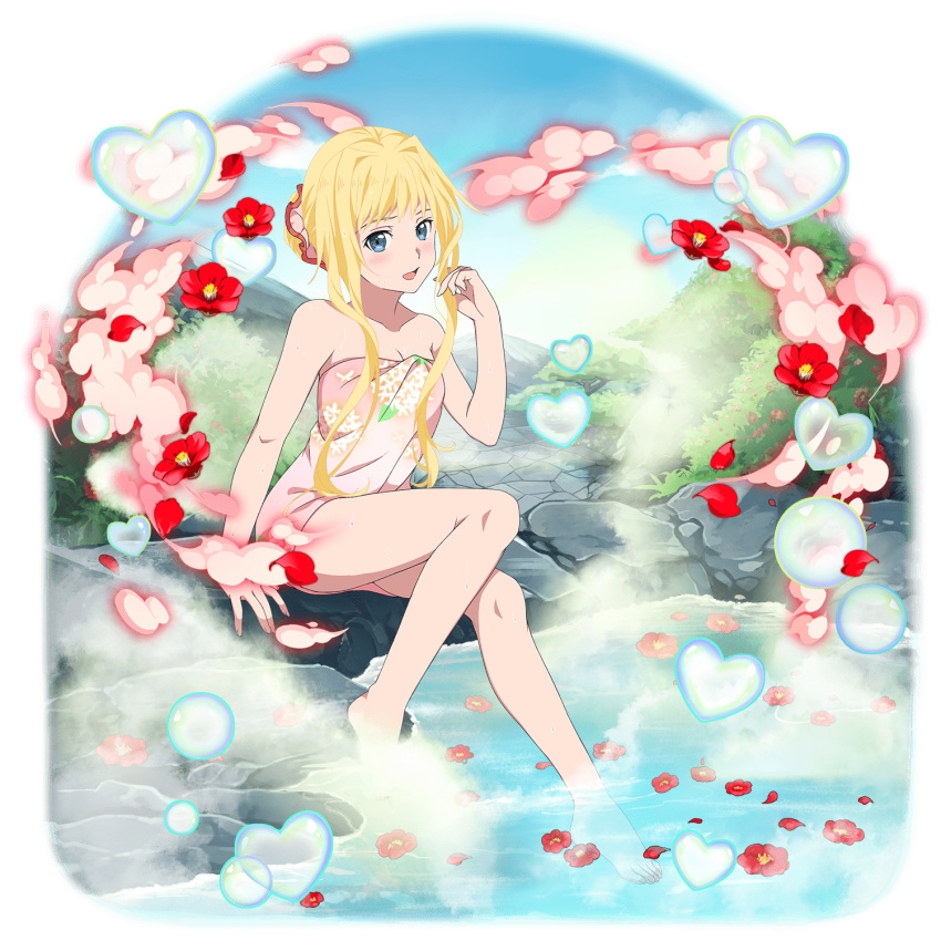 alice_zuberg arm_support bad_id barefoot blonde_hair blue_eyes breasts cleavage collarbone day female hair_intakes highres looking_at_viewer medium_breasts naked_towel official_art onsen open_mouth outdoors print_towel sidelocks sitting soaking_feet solo steam sword_art_online sword_art_online:_alicization tied_hair towel transparent_background twirling_hair