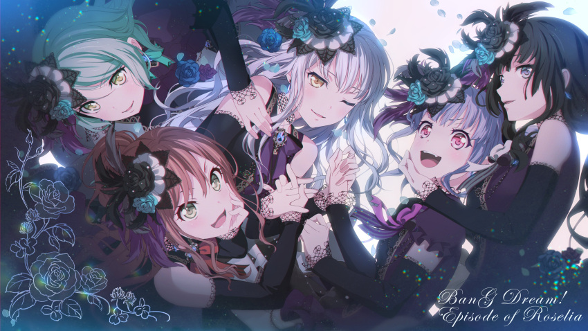 5girls :d ;) absurdres bang_dream! black_gloves black_hair blue_eyes blue_hair blush brown_hair copyright_name dress earrings elbow_gloves elbow_rest eyebrows_hidden_by_hair flower frilled_sleeves frills from_above gloves gothic_lolita green_eyes green_hair grey_hair hair_flower hair_ornament hand_on_another's_cheek hand_on_another's_chin hand_on_another's_face hand_on_another's_shoulder head_rest highres hikawa_sayo holding_hands imai_lisa interlocked_fingers jewelry lace-trimmed_gloves lace_trim lolita_fashion long_hair looking_at_viewer lying minato_yukina multiple_girls neck_ribbon nobusawa_osamu oerba_yun_fang official_art on_back on_side one_eye_closed open_mouth orange_eyes petals ponytail puffy_short_sleeves puffy_sleeves purple_dress purple_eyes purple_ribbon red_ribbon ribbon rose roselia_(bang_dream!) shirokane_rinko short_sleeves sidelocks sleeveless smile teeth udagawa_ako upper_body upper_teeth_only