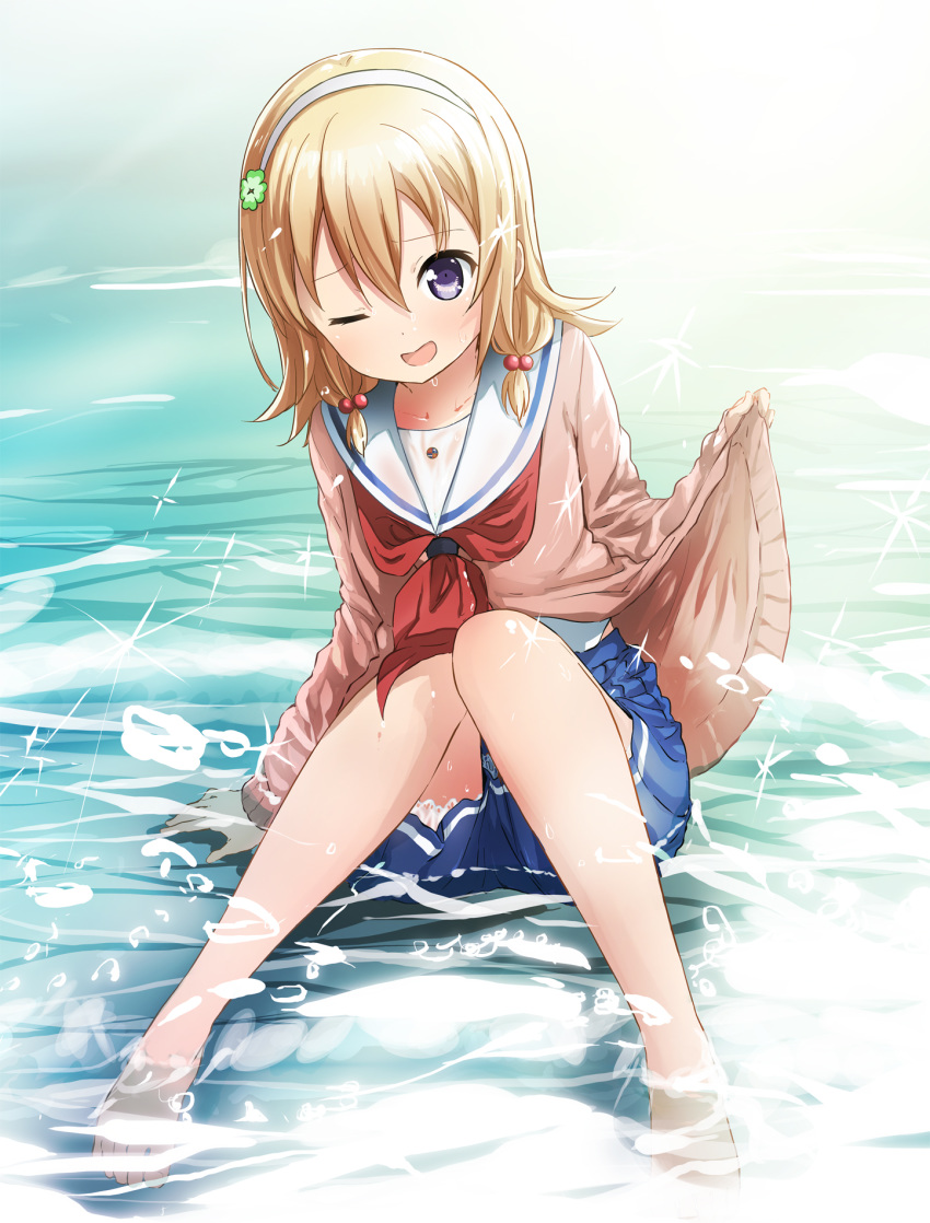 ;d abe_kanari bare_legs barefoot blonde_hair blue_eyes blue_skirt clover_hair_ornament collarbone commentary_request convenient_skirt female hair_between_eyes hair_bobbles hair_ornament hairband high_school_fleet highres long_hair long_sleeves miniskirt neckerchief one_eye_closed open_mouth partially_submerged photoshop_(medium) pink_sweater pleated_skirt red_neckerchief sailor_collar school_uniform serafuku sitting skirt smile solo sweater wakasa_reo water wet_sweater white_hairband white_sailor_collar yokosuka_girls_marine_high_school_uniform