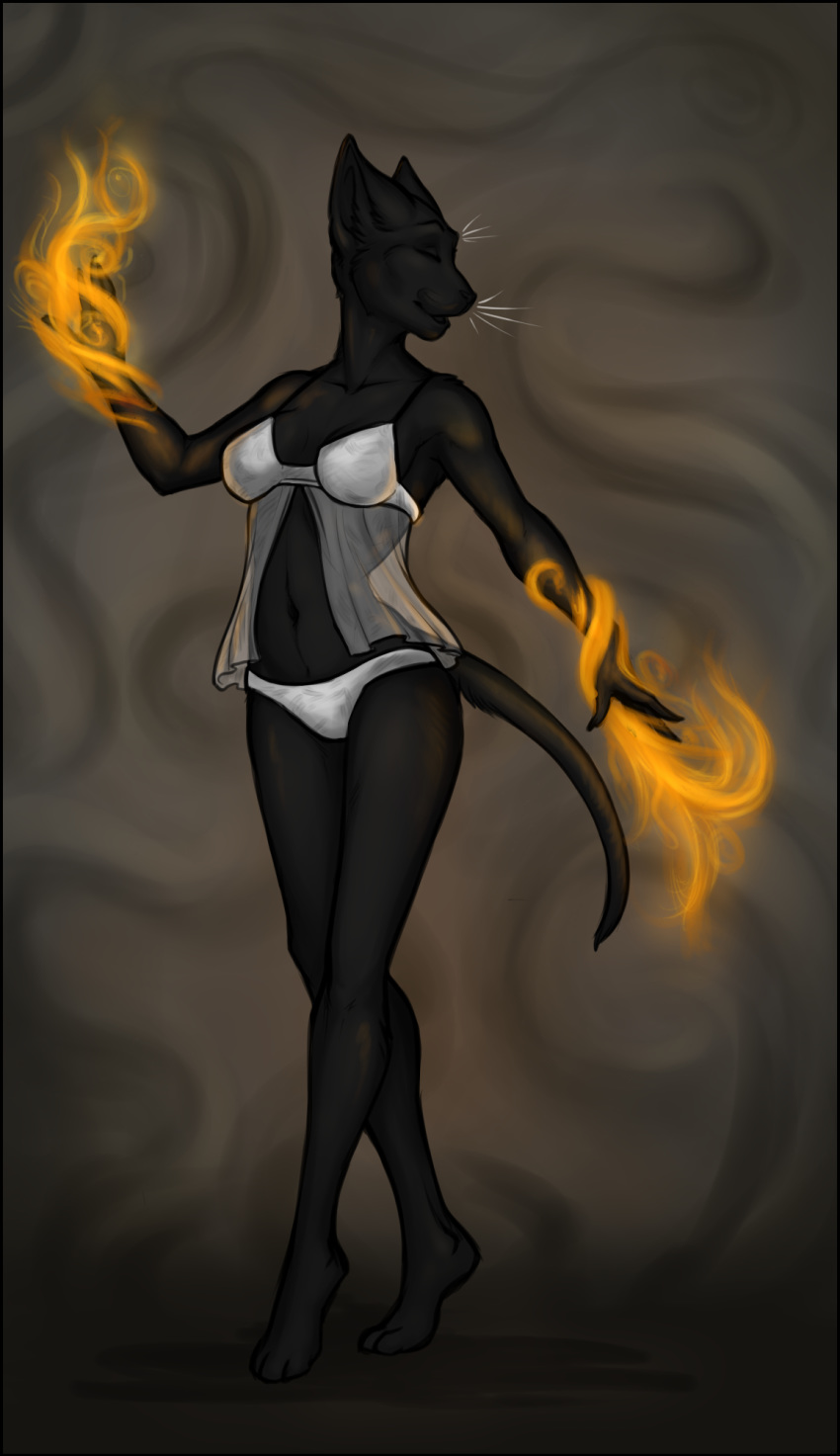 anthro babydoll black_border border clothed clothing domestic_cat felid feline felis female fire hi_res magic mammal nightgown panties skimpy solo soot_(ragamuffins) spottyjaguar translucent_babydoll underwear white_babydoll white_clothing white_panties white_underwear