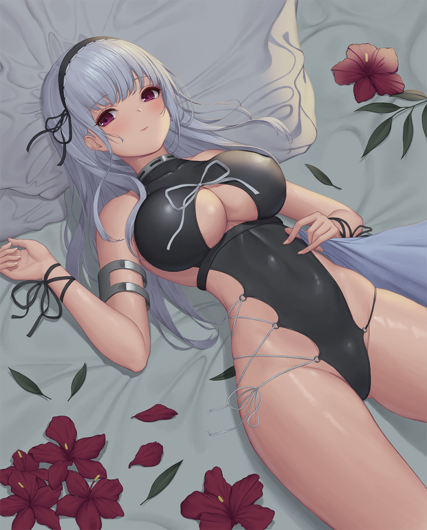 armlet ass_visible_through_thighs azur_lane baeg_mi bare_shoulders bed_sheet black_hairband black_one-piece_swimsuit black_ribbon blunt_bangs blush breasts casual_one-piece_swimsuit closed_mouth clothing_cutout collarbone covered_navel dido_(azur_lane) female flower grey_hair hairband hibiscus highres large_breasts leaf long_hair looking_at_viewer lying on_back on_bed one-piece_swimsuit petals purple_eyes red_flower ribbon smile solo swimsuit thighs underboob underboob_cutout wrist_ribbon