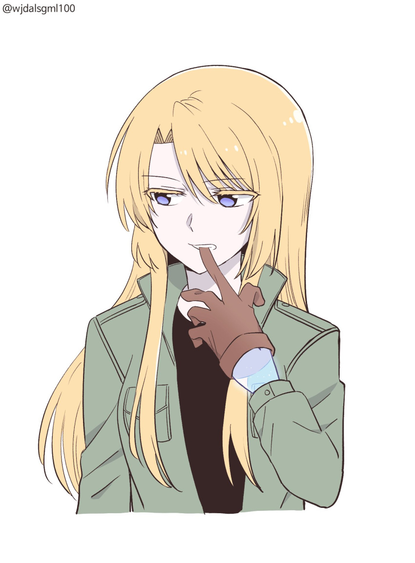 biting blonde_hair blue_eyes colored_eyelashes female glove_biting gloves green_jacket hand_up highres jacket korean_commentary kumaman long_hair looking_away mouth_pull nishina_toriko purple_eyes removing_glove simple_background solo teeth transparent_hand urasekai_picnic white_background