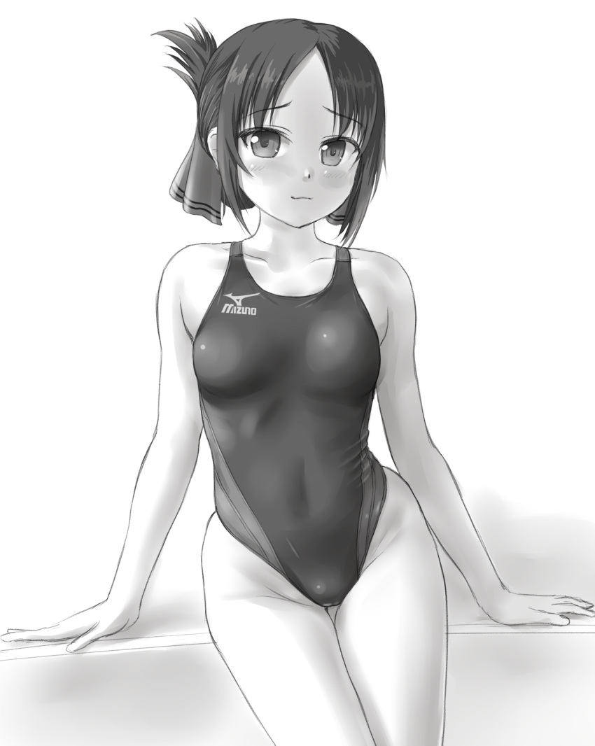 :3 breasts collarbone commentary_request competition_swimsuit cowboy_shot female folded_ponytail greyscale hair_ribbon highres kaguya-sama_wa_kokurasetai_~tensai-tachi_no_renai_zunousen~ long_hair looking_at_viewer mizuno_(brand) monochrome one-piece_swimsuit parted_bangs ribbon shinomiya_kaguya simple_background sitting small_breasts solo swimsuit thigh_gap tk4