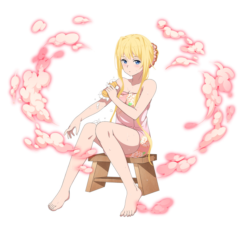 alice_zuberg bad_id barefoot blonde_hair blue_eyes blush breasts cleavage collarbone feet female full_body hair_intakes highres medium_breasts naked_towel official_art print_towel sidelocks sitting solo sweatdrop sword_art_online sword_art_online:_alicization tied_hair towel transparent_background washing