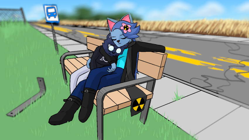 16:9 2021 accessory anthro atomic_cat atomic_corenthal belt bench bent_legs blue_body blue_fur blue_hair blurred_background boots bottomwear breasts bus_stop_sign clothed clothing crossed_legs denim denim_bottomwear denim_clothing domestic_cat duo eyelashes eyewear felid feline felis female fence flower flower_accessory flower_hair_accessory flower_in_hair footwear fully_clothed fur glasses grass hair hair_accessory hairclip hazard_symbol hazard_symbol_accessory hazard_symbol_print hi_res holding_partner hoodie hug jeans leather leather_boots leather_clothing leather_footwear leg_over_thigh long_hair makeup male male/female mammal mascara metal metal_bar nonbinary_(lore) on_bench opaque_glasses outside pants plant planted_sign print_clothing print_scarf print_sweatshirt print_topwear public radiation_symbol radiation_symbol_print resting road road_sign romantic romantic_couple sam_corenthal scarf shirt sidewalk sign sign_graphic signpost sitting sitting_on_bench sweatshirt symbol topwear trans_(lore) trans_woman_(lore) whiskers widescreen