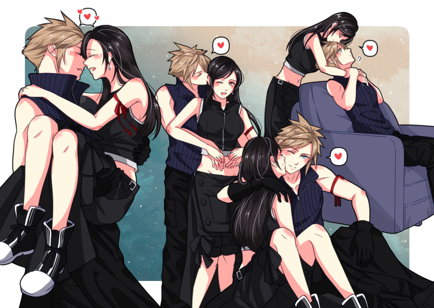 1boy apron arm_ribbon babigonice bare_shoulders black_hair blonde_hair blue_eyes blush breasts carrying cloud_strife couch couple crop_top earrings female final_fantasy final_fantasy_vii final_fantasy_vii_advent_children high_collar hug hug_from_behind jewelry kissing long_hair midriff princess_carry red_eyes ribbon shirt shorts sitting sleeveless speech_bubble spiked_hair standing straight tifa_lockhart waist_apron