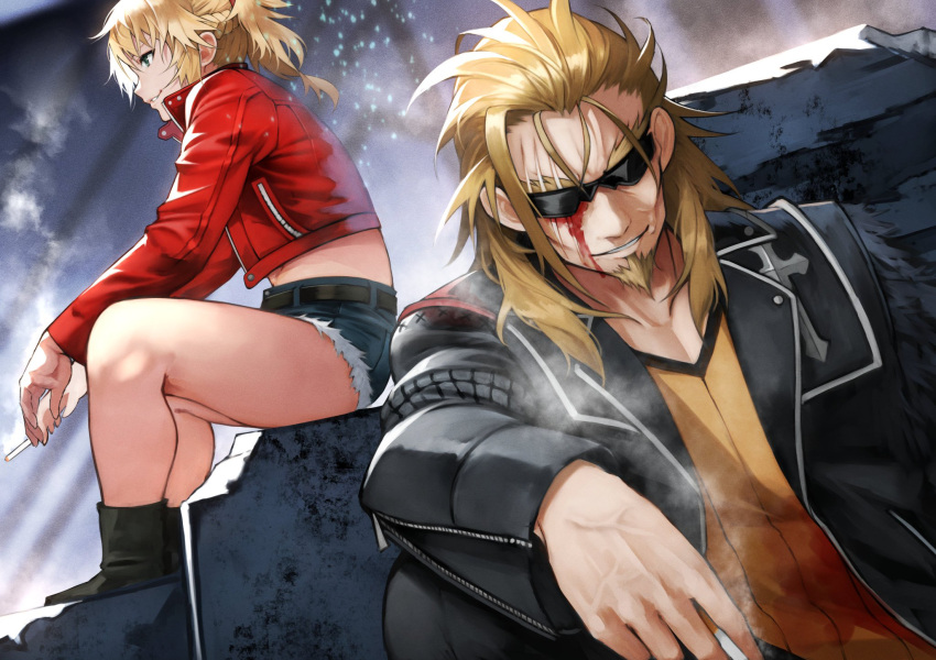 55level blood fate/stay_night megane mordred_(fate) shishigou_kairi smoking