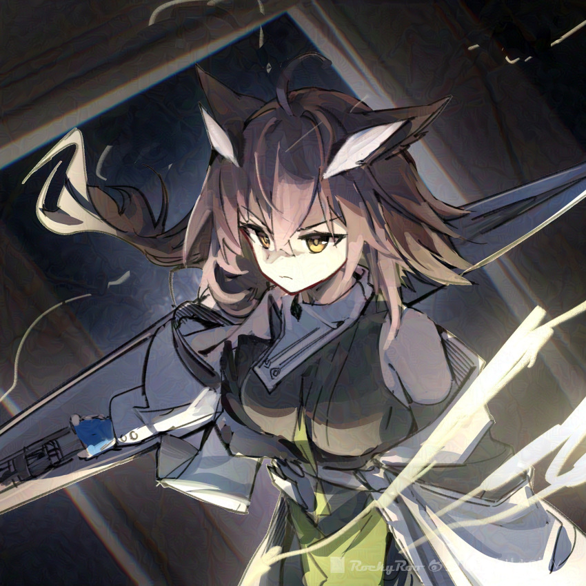 ahoge arknights bare_shoulders black_dress blue_gloves breasts brown_hair dress female fingerless_gloves floating_hair gloves hair_between_eyes highres holding jacket long_hair medium_breasts off_shoulder open_clothes open_jacket rockyroo silence_(arknights) silence_the_paradigmatic_(arknights) solo v-shaped_eyebrows white_jacket yellow_eyes