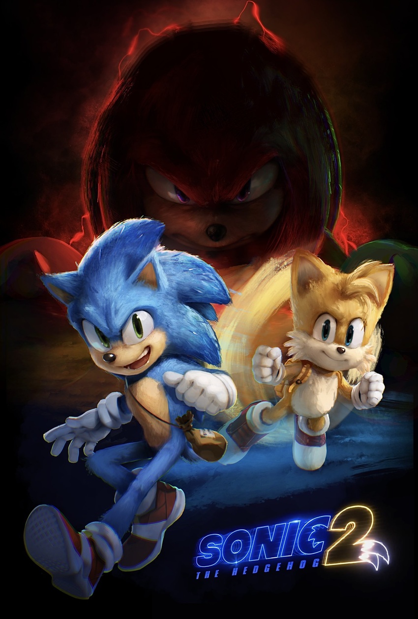 3boys :d animal_nose blue_eyes closed_mouth commentary copyright_name english_commentary furry furry_male gloves green_eyes highres key_visual knuckles_the_echidna logo looking_at_viewer male_focus multiple_boys official_art open_mouth promotional_art purple_eyes shoes smile sneakers sonic_(live_action) sonic_(series) sonic_the_hedgehog sonic_the_hedgehog_(film) sonic_the_hedgehog_2_(film) tails_(sonic) teeth tyson_hesse upper_teeth_only white_gloves