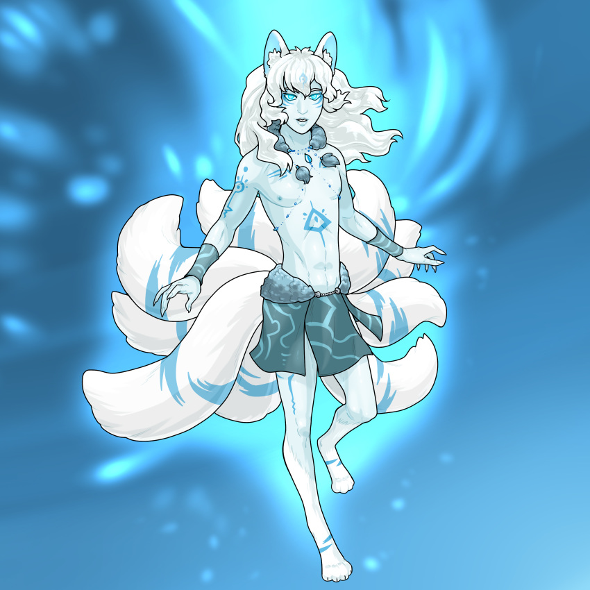 1:1 2019 9_tails absurd_res alternate_species animal_humanoid barefoot blue_body blue_eyes blue_nipples bottomwear canid canid_humanoid canine canine_humanoid clothed clothing digital_media_(artwork) etis feet fox fox_humanoid fur hair hi_res humanoid loincloth looking_at_viewer male mammal mammal_humanoid markings multi_tail nipples open_mouth paws polinainfernal simple_background solo tail topless white_body white_fur white_hair