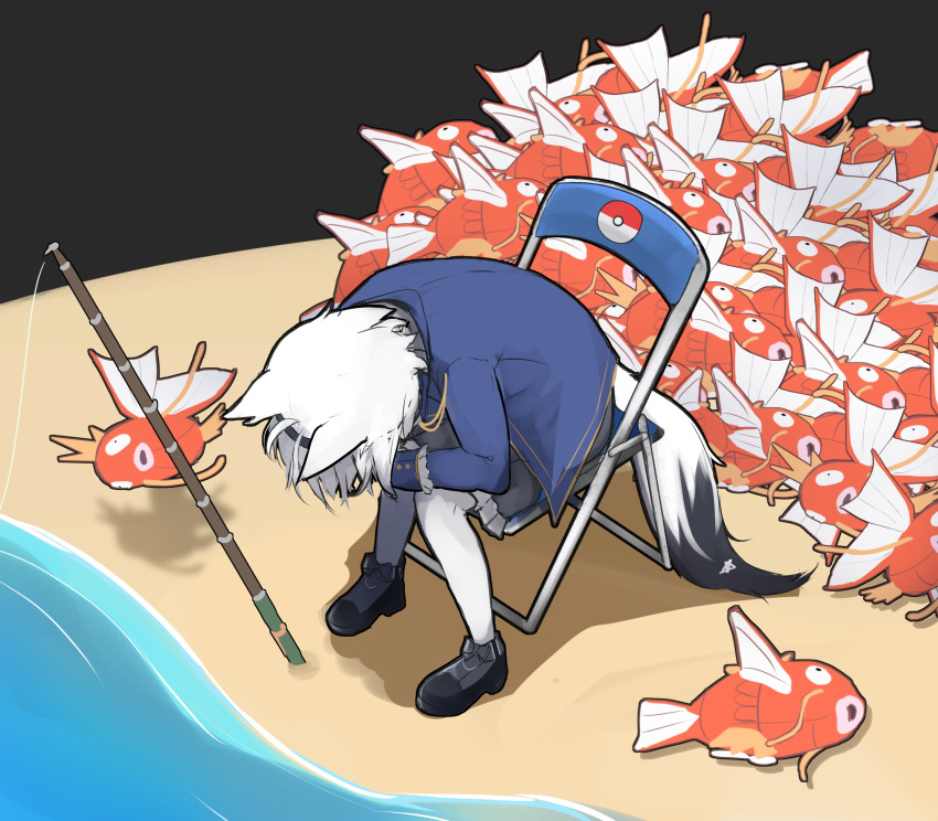 absurdres ahoge animal_ears bad_id bad_twitter_id beach bent_back chair commentary crossover female fish fishing_rod folding_chair fox_ears fox_girl fox_tail full_body hairband hand_on_own_face highres hololive jacket magikarp meme neon_genesis_evangelion official_alternate_costume on_chair pantyhose parody poke_ball_symbol pokemon pokemon_(creature) sand shinji_in_a_chair_(meme) shirakami_fubuki shirakami_fubuki_(aristocrat_kei) shuuzo3 sitting tail too_many virtual_youtuber white_hair white_pantyhose