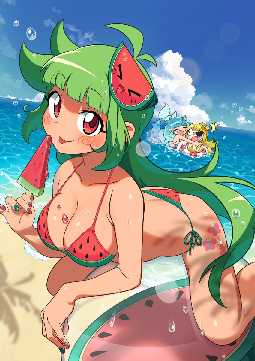 3girls beach big_breasts bikini bra green_hair hair_ornament long_hair looking_at_viewer oregaihanboshi panties popsicle red_eyes seaside sweat vannamelon vannamelon_(copyright) watermelon watermelon_bra