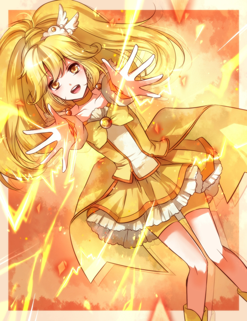 an-mar blonde_hair bow choker collarbone commentary_request cure_peace female floating_hair hair_flaps hair_ornament high_ponytail highres long_hair looking_at_viewer magical_girl open_mouth precure shorts shorts_under_skirt skirt smile_precure solo very_long_hair yayoi_kise yellow_bow yellow_eyes yellow_shorts yellow_skirt yellow_theme