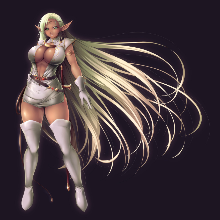 black_background boots breasts center_opening cleavage commentary_request dark-skinned_female dark_elf dark_skin elf female full_body gloves green_eyes green_hair hand_on_own_hip high_heels highres innerboob ishii_akira large_breasts legs long_hair navel photoshop_(medium) pirotess pointy_ears record_of_lodoss_war shoes simple_background solo thigh_boots thighhighs thighs very_long_hair whip white_thighhighs