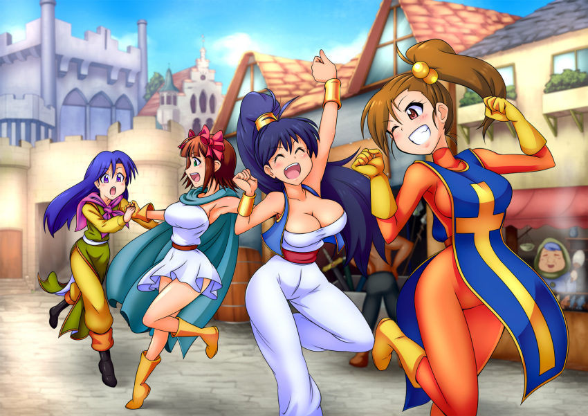 4girls amami_haruka arms_up blue_hair blurry bodysuit boots breasts brown_hair cape cleavage clenched_hands commentary_request cosplay depth_of_field dragon_quest dragon_quest_iii fighter_(dq3) fighter_(dq3)_(cosplay) futami_mami ganaha_hibiki gloves grin hair_bobbles hair_ornament happy highres idolmaster idolmaster_(classic) kisaragi_chihaya large_breasts long_hair merchant_(dq3) merchant_(dq3)_(cosplay) multiple_girls one_eye_closed open_mouth orange_bodysuit ponytail priest_(dq3) priest_(dq3)_(cosplay) purple_hair raised_fist road ryoi sage_(dq3) sage_(dq3)_(cosplay) side_ponytail smile street tabard