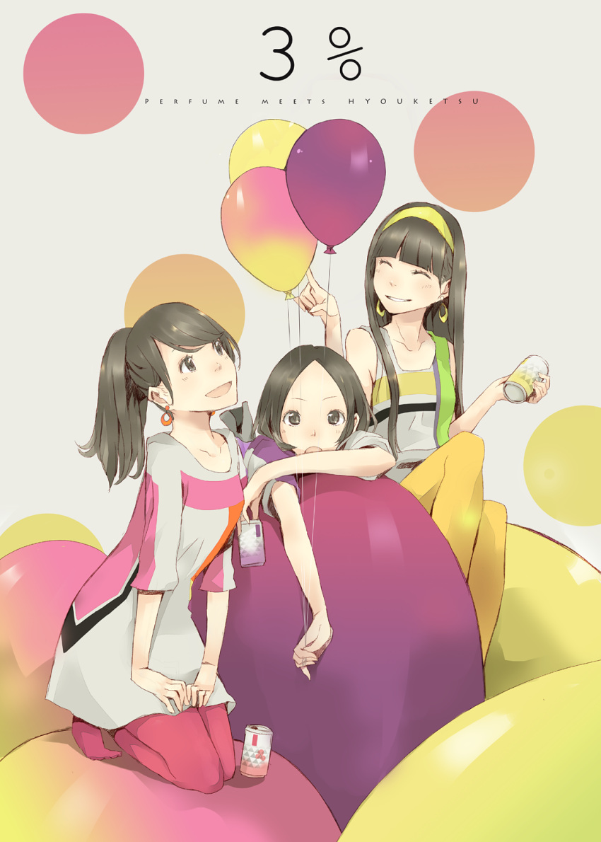 3girls :d ^_^ a~chan bad_id bad_pixiv_id balloon black_eyes black_hair blunt_bangs brown_eyes brown_hair can closed_eyes collarbone earrings grin hands_on_lap highres jewelry kashiyuka kneeling long_hair multiple_girls no_shoes nocchi_(perfume) open_mouth pantyhose perfume_(band) pink_legwear poking ponytail red_legwear short_hair short_sleeves sleeveless smile yellow_legwear yoshito