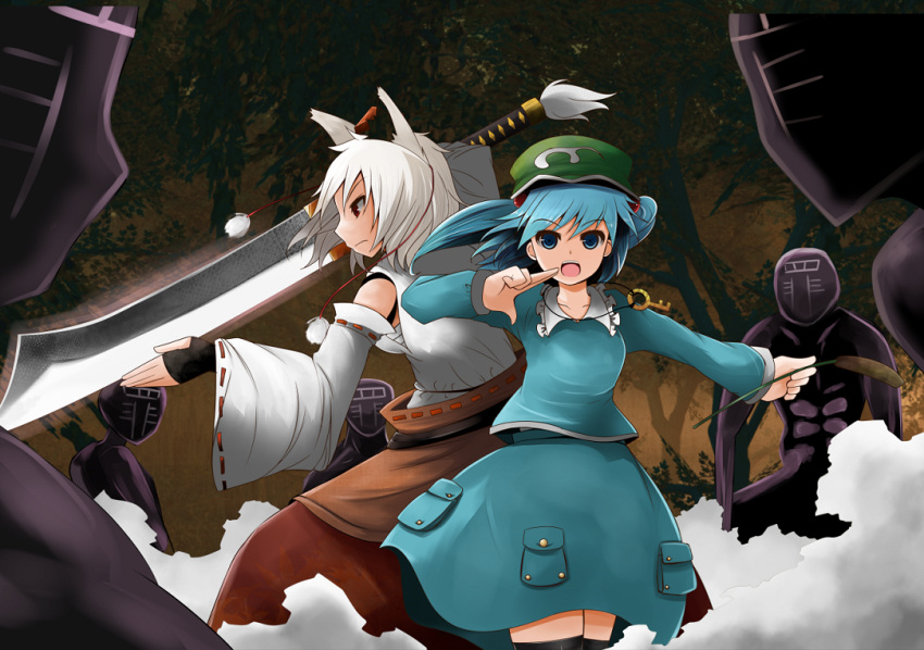 2girls animal_ears arano_oki bare_shoulders black_thighhighs blue_eyes cattail commentary_request detached_sleeves fighting_stance hair_bobbles hair_ornament hat inubashiri_momiji kawashiro_nitori key multiple_girls plant profile red_eyes sarashi short_hair sin_sack sword thighhighs tokin_hat touhou two_side_up weapon white_hair wolf_ears