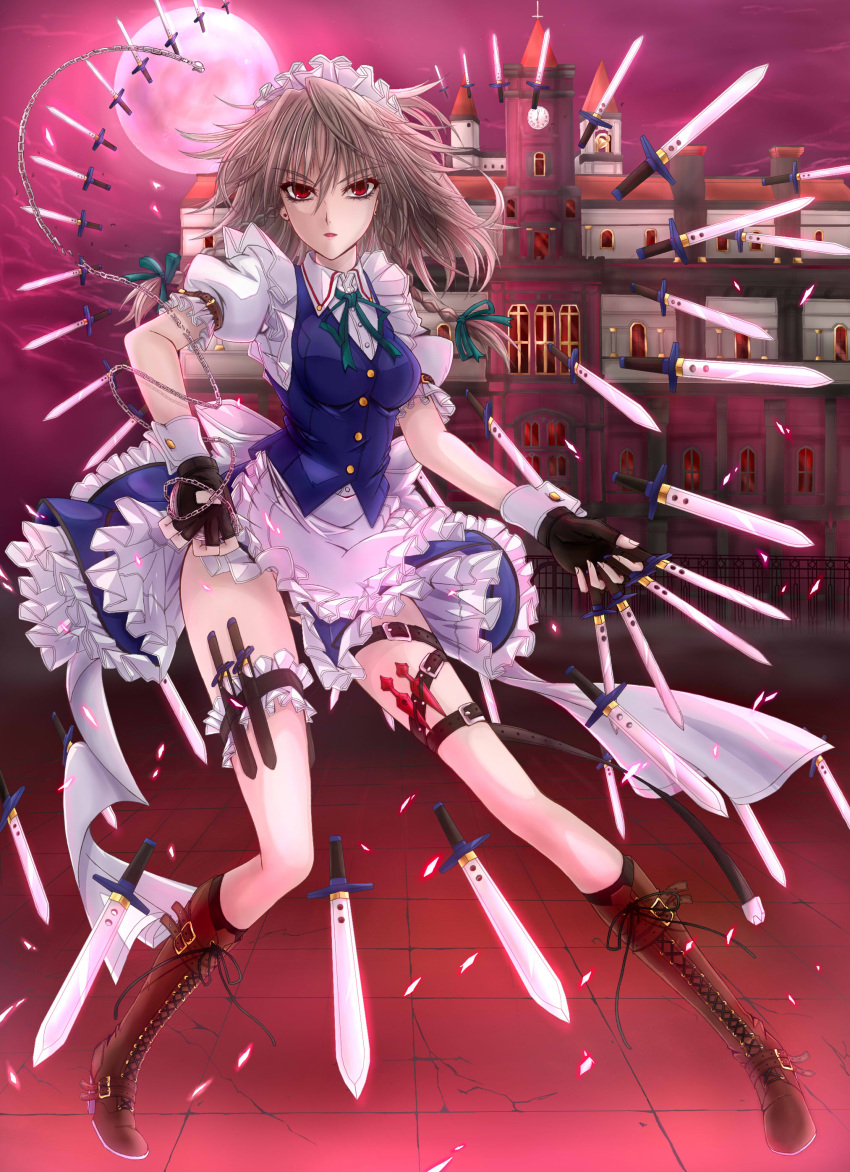 absurdres black_gloves black_panties boots braid buckle chains commentary_request cross-laced_footwear earrings female fingerless_gloves gloves grey_hair highres izayoi_sakuya jewelry knife maid_headdress mickey_dunn panties pantyshot red_eyes ribbon scarlet_devil_mansion short_hair solo touhou twin_braids underwear