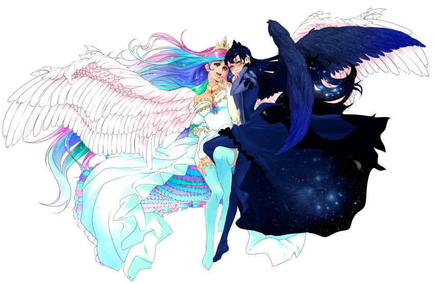 2girls abbystea aqua_hair bad_id bad_pixiv_id bare_shoulders blue_dress blue_hair blue_thighhighs blush celestia_(my_little_pony) crown dress embarrassed eyeshadow feathered_wings finger_to_mouth frilled_dress frills gown highres jewelry legs long_hair long_sleeves luna_(my_little_pony) makeup multicolored_hair multiple_girls my_little_pony my_little_pony:_friendship_is_magic necklace night night_sky pantyhose personification princess purple_hair siblings sisters sky sleeves_past_wrists sparkle star_(sky) starry_sky thighhighs very_long_hair white_background white_dress wings yuri zettai_ryouiki