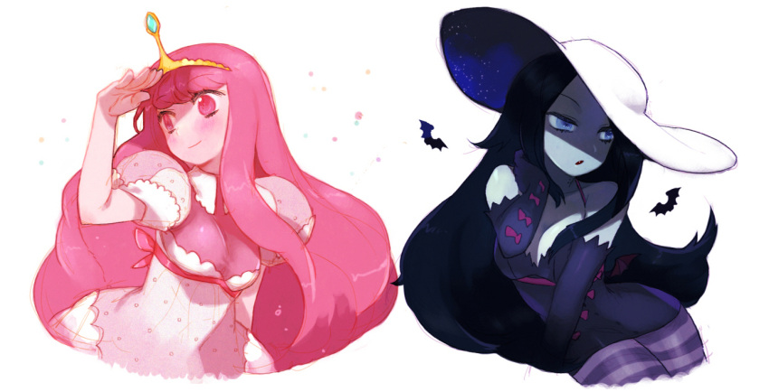 2girls adventure_time animification black_hair blue_eyes commentary dress fangs gwayo hat long_hair marceline_abadeer multiple_girls pink_eyes pink_hair princess_bonnibel_bubblegum tiara vampire